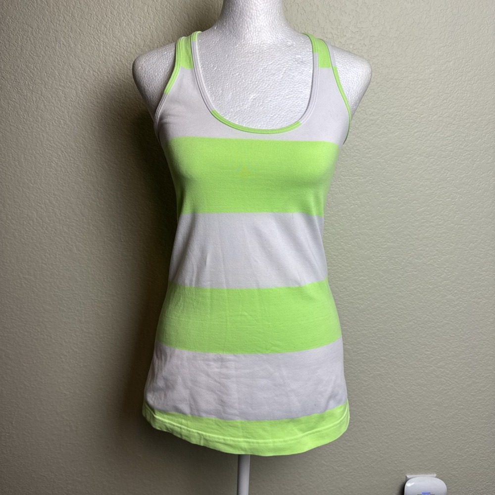 Lululemon Cool Racerback Tank Top White Neon Lime Green Striped Athleisure